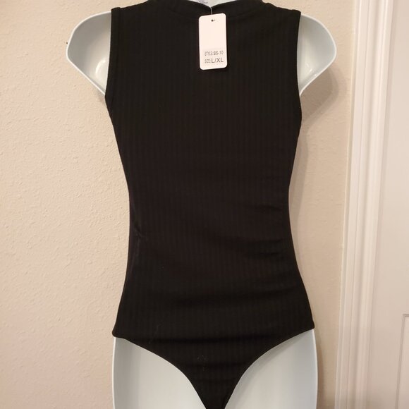 Women Sleeveless Knit Bodysuit Black Color 1/4 Zip up front closure. Mock Neck. - Picture 6 of 12